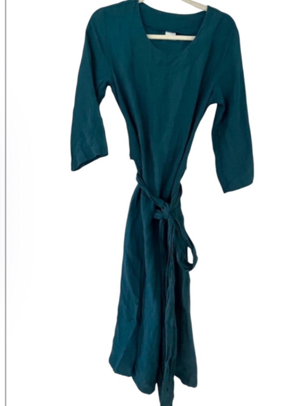 Len.OK Linen Long Dress Teal Lagenlook Belted Waist Midi, Size M
